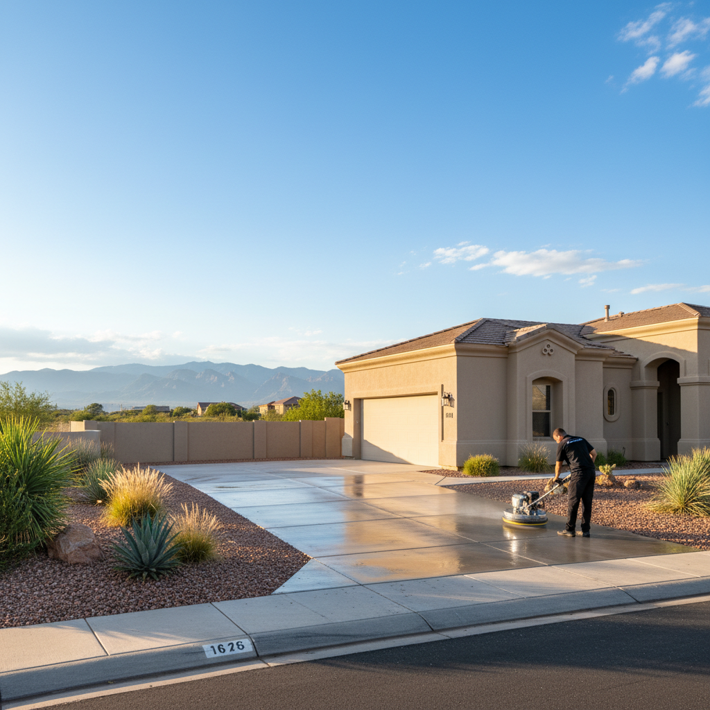 Professional contractor using commercial surface cleaner on upscale New Mexico home driveway with dramatic clean vs dirty contrast and wet sheen at golden hour