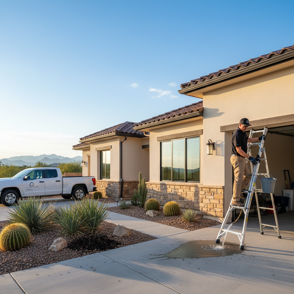 Professional Rio Grande Property Solutions technician in black polo, safety harness, and black cap working from extension ladder with stabilizers to clean gutters on luxury Rio Rancho New Mexico stucco home, showing before-and-after effect with clogged debris-filled section and spotlessly clean section with gentle water stream flowing from downspout, Sandia Mountains visible in background at golden hour