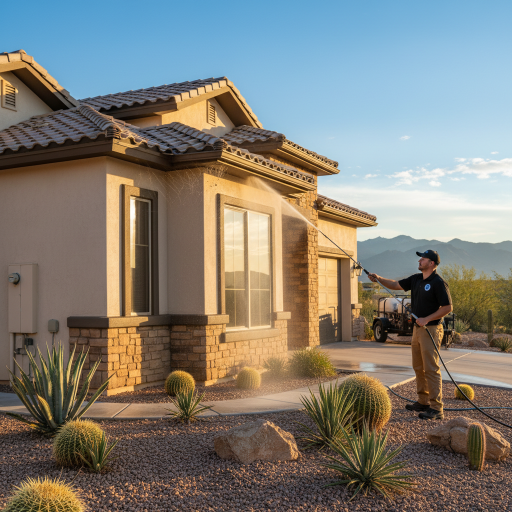 Professional technician applying soft wash to luxury New Mexico stucco home in Rio Rancho with dramatic before-and-after split showing dull dirty left side and freshly cleaned right side, Sandia Mountains in background at golden hour