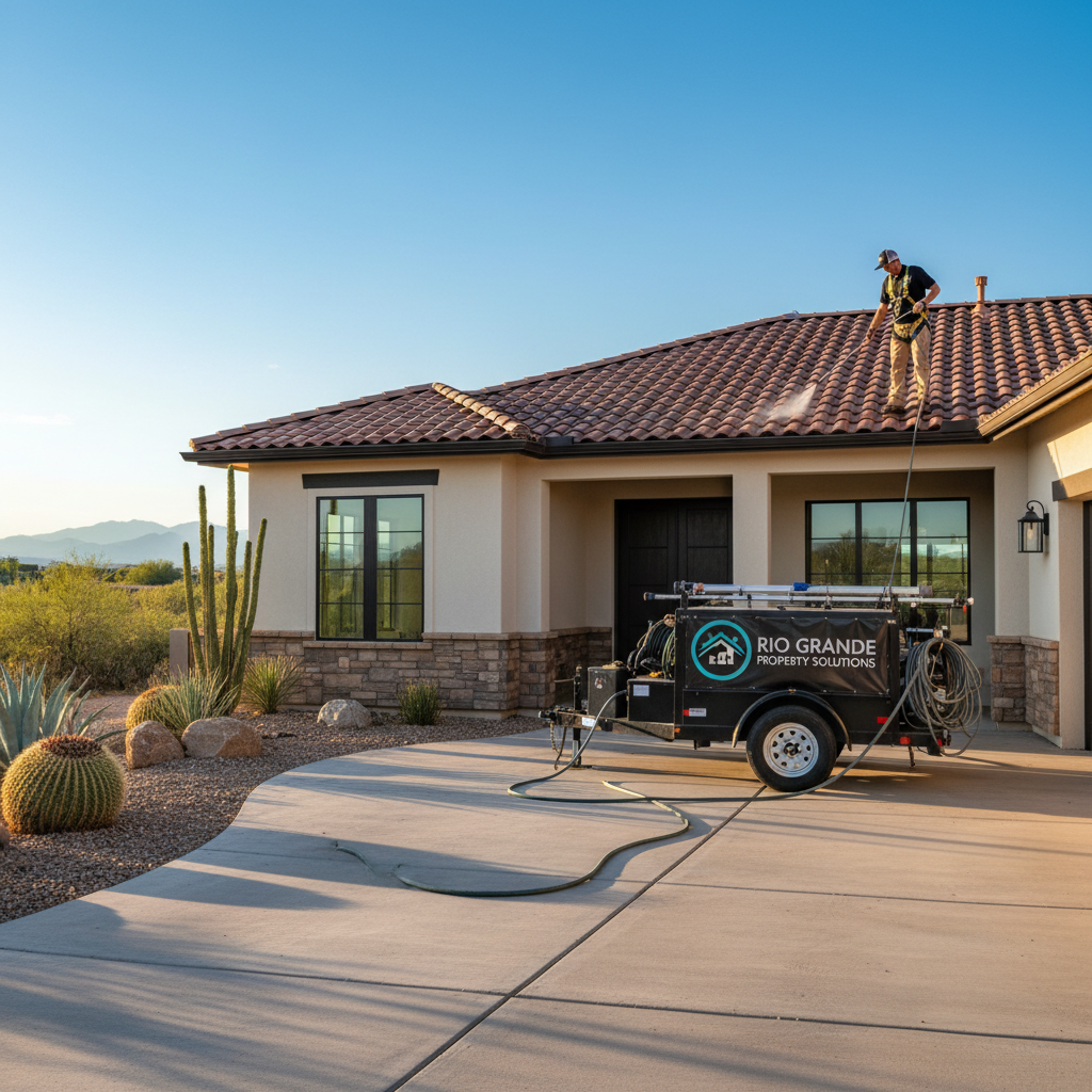 Professional Rio Grande Property Solutions technician in black polo, safety harness, and black cap using soft wash wand to clean clay tile roof on luxury Rio Rancho New Mexico stucco home, showing dramatic before-and-after contrast with dirty algae-streaked section and restored clean terracotta tiles, professional cleaning trailer in driveway, Sandia Mountains visible in background at golden hour