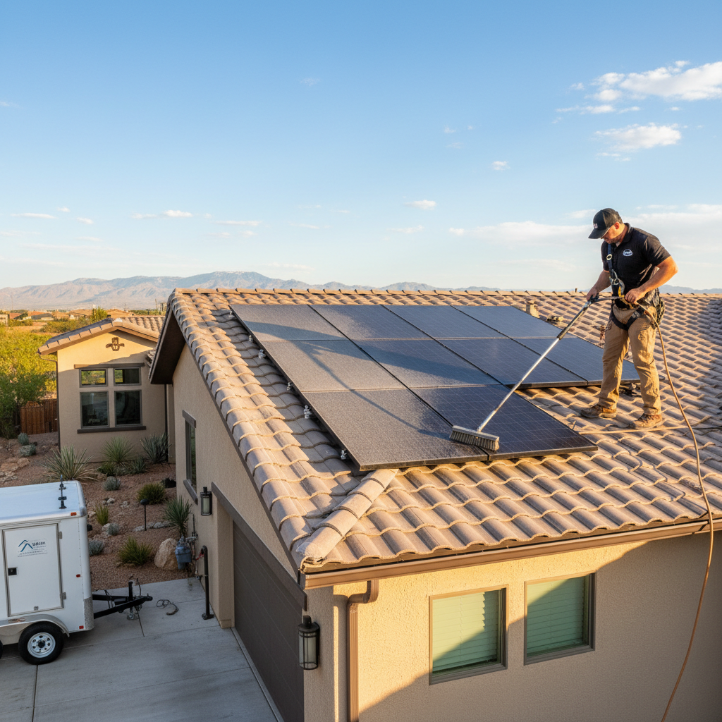 Professional Rio Grande Property Solutions technician in black polo and safety harness using carbon fiber water-fed pole to clean rooftop solar panels on luxury Rio Rancho New Mexico stucco home at golden hour, showing subtle before-and-after contrast with dusty section and crystal-clear cleaned panels reflecting blue New Mexico sky, Sandia Mountains visible in background