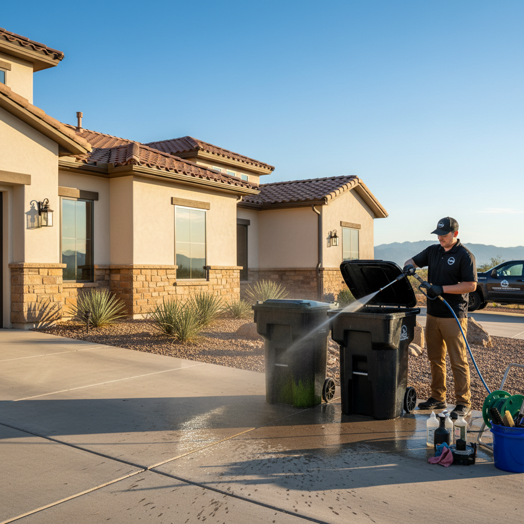 Professional Rio Grande Property Solutions technician in black polo, black cap, khaki pants and nitrile gloves actively pressure washing a trash bin with commercial turbo-nozzle pressure washer on luxury Rio Rancho New Mexico stucco home driveway, showing dramatic before-and-after transformation โ grimy dirt-stained bin on left vs. factory-clean restored black bin on right with water beading on surface, realistic water spray and dirty water flowing away, Sandia Mountains visible in background at warm golden hour
