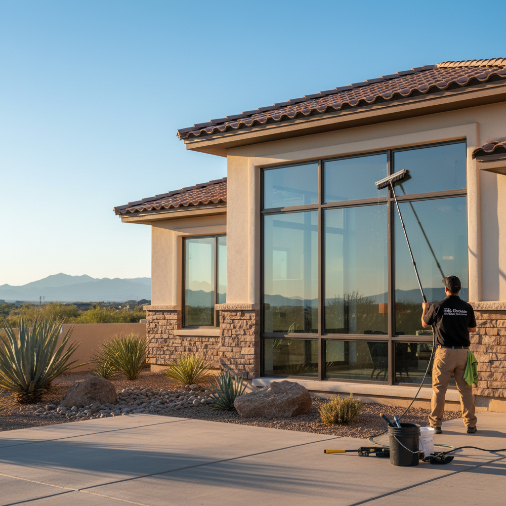 Professional Rio Grande Property Solutions technician using water-fed pole to clean large floor-to-ceiling windows on luxury Rio Rancho New Mexico stucco home at golden hour, showing before-and-after contrast with crystal clear cleaned windows reflecting blue sky and Sandia Mountains in background
